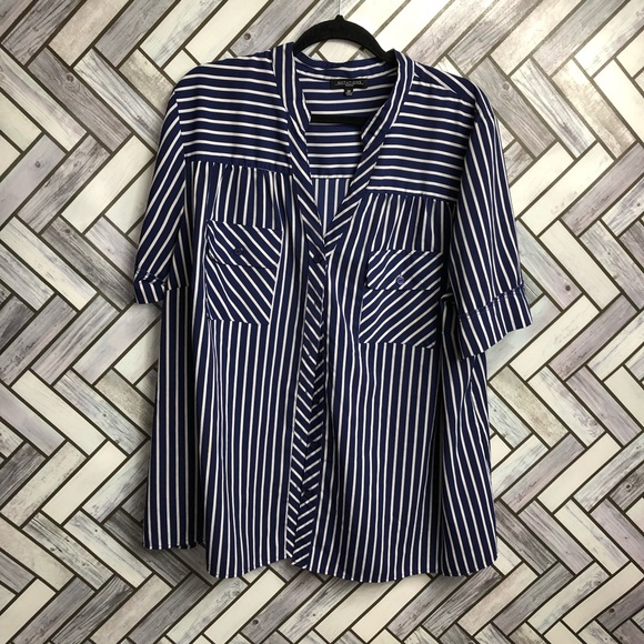 Notations Navy & White Button Front Silky Blouse